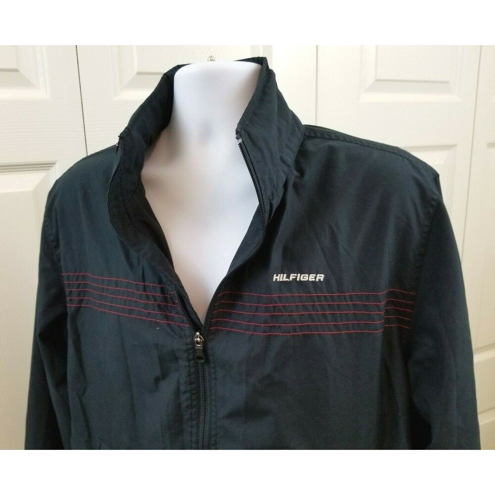 Tommy Hilfiger Mens Jacket Size Medium Navy Blue Zip Vent Back Full Mesh w\ Hood